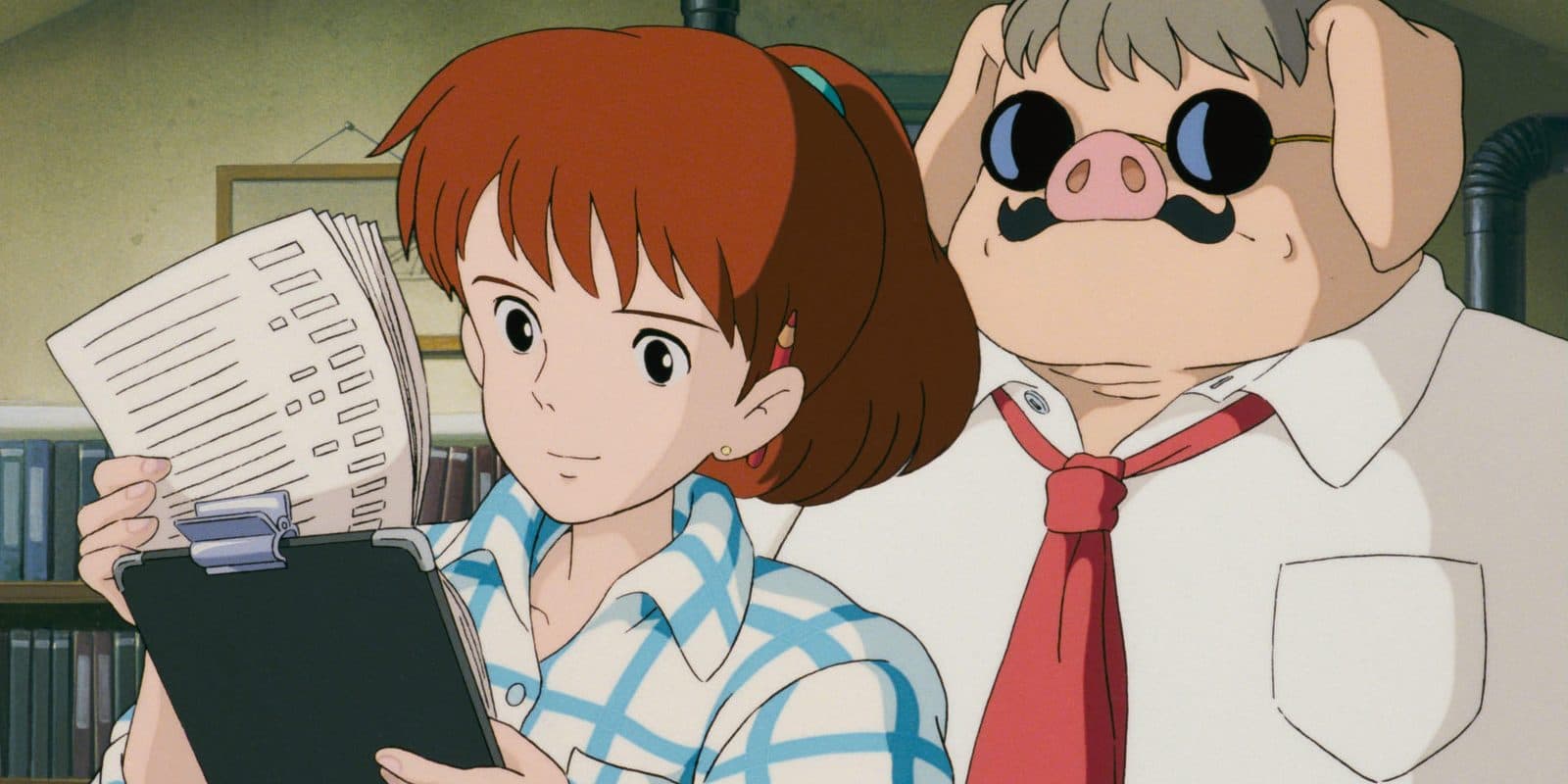 still from Porco Rosso: Fio with her clipboard, pitching the seaplane rebuild to Porco