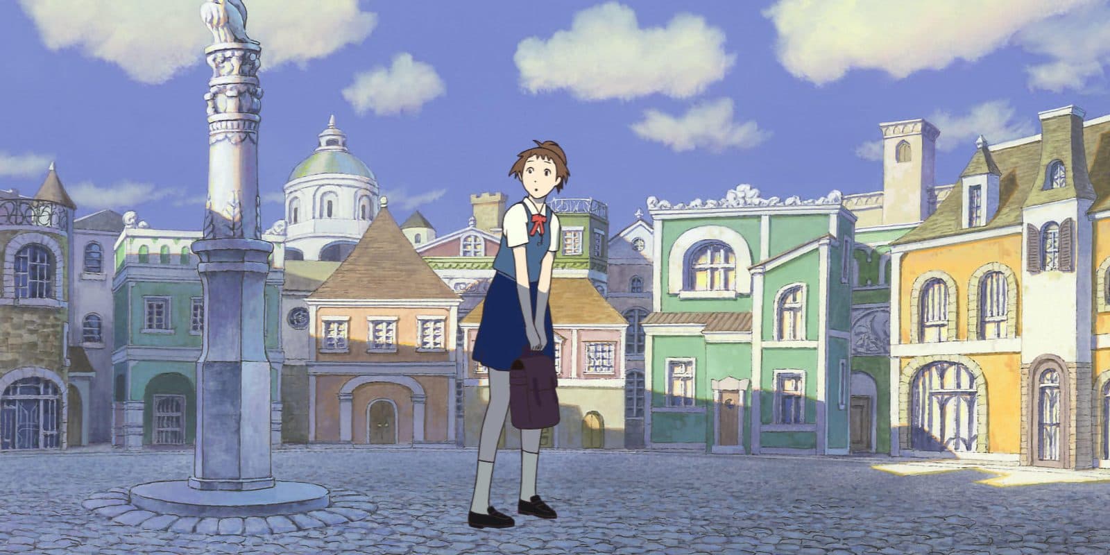 still from The Cat Returns: Haru arriving in the pastel town of the Cat Kingdom