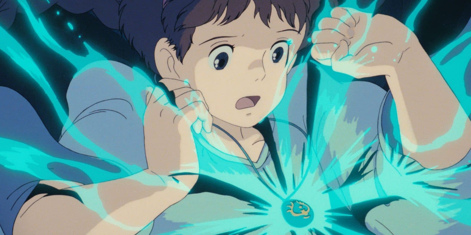 still from Castle in the Sky: Sheeta's crystal pendant glowing with bright blue light