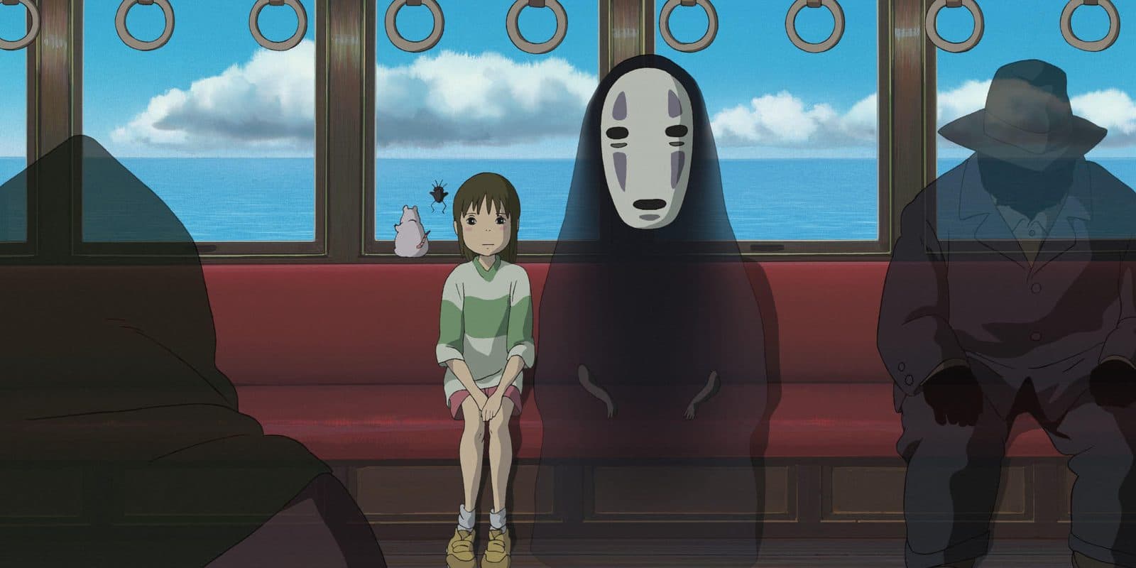 still from Spirited Away: Chihiro and No-Face sitting quietly on the train across the water