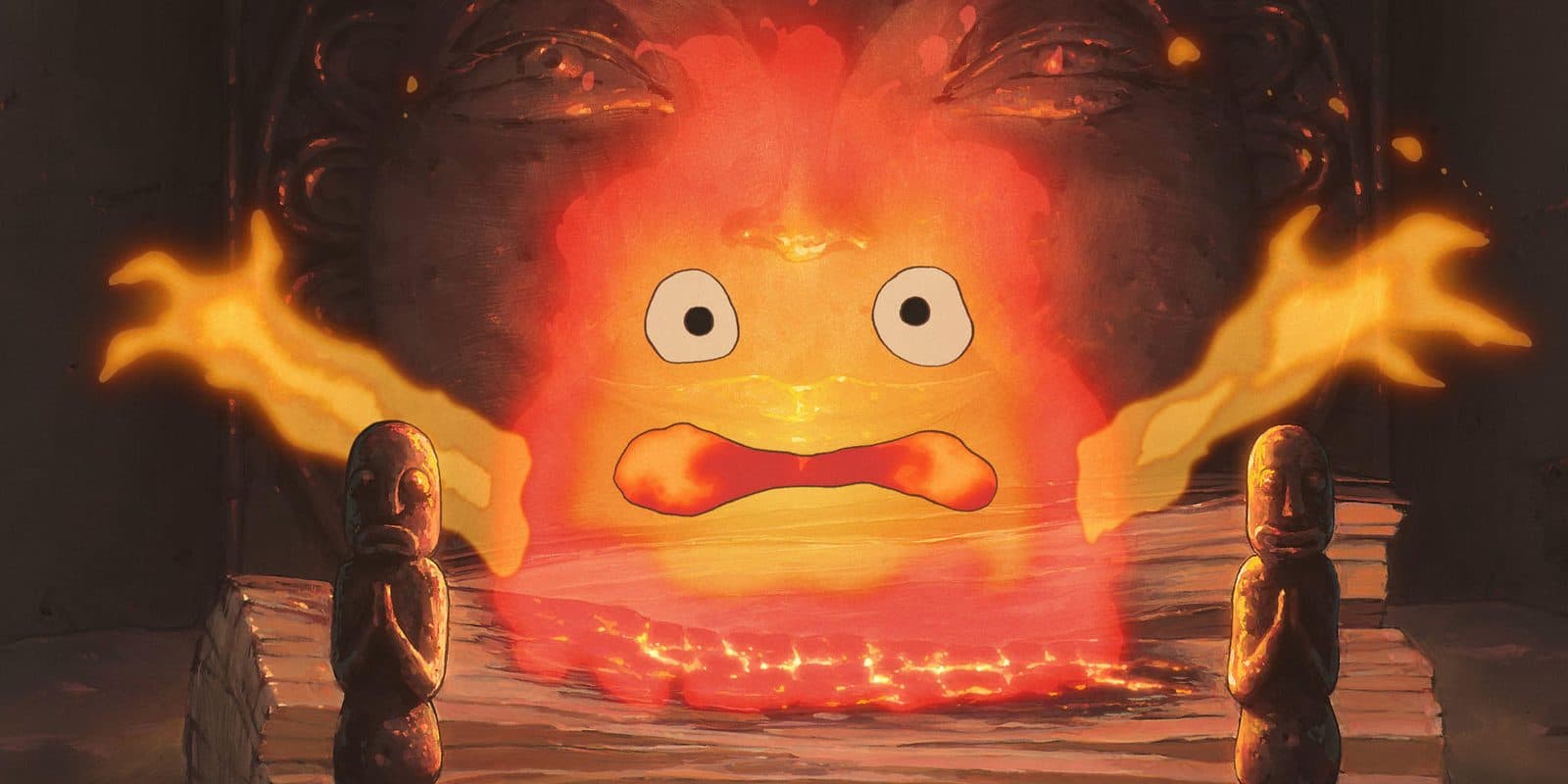 still from Howl's Moving Castle: Calcifer, the fire demon who powers the castle, blazing in the hearth