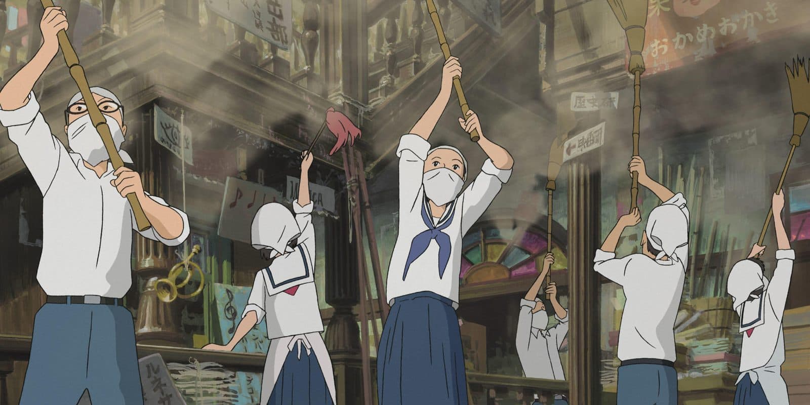 still from From Up on Poppy Hill: students in masks and headscarves scrubbing and repairing the dusty old clubhouse